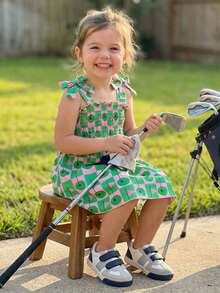Vestido de golf para niña pequeña con lazos, sin mangas, fruncido, línea A, vestido de princesa de verano - Verde - Ver 7