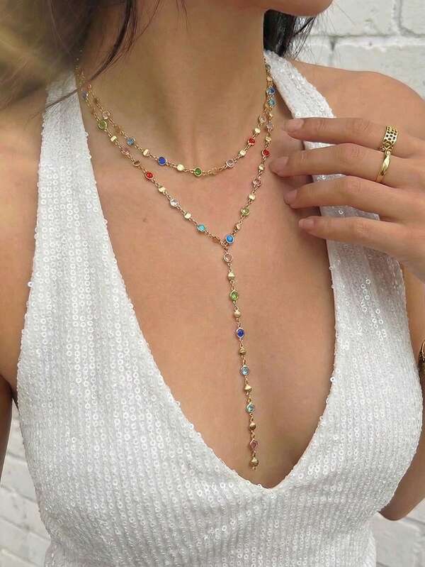 1pc Sexy Party & Street Style Colorful Crystal Chain Y-Necklace, Suitable For Party, Gathering, Vacation Wear, Gift For Friends, Adults