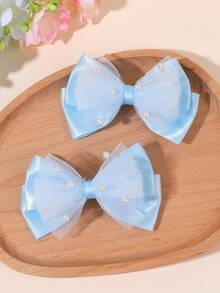 2pcs Blue Satin Mesh Pearl Bow Silk Hair Clip For Girls, Elegant & Cute Barrette Hairpin For Teen Girls, Suitable For Daily Wear, Holidays, Beach Photos, Back To School, Head Accessories, Girls Hair Accessories , Claw Clips(Random Pearl Placement) - Multicolor - View 2
