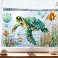 Summer Ocean Window Sticker, Self Adheisve Single Use Under Ocean Turtle Fish Glass Stickers Window Clings Wild Decals For Home Glass Door Office Decor 1pc - A - View 6
