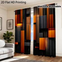 2pcs Modern Abstract Black & Orange Curtains - Light-Filtering Opaque Window Drapes With 3D Rectangular Blocks Design, Machine Washable Polyester , Window Curtain Panels For Bedroom Living Room Home Decor - 2pcs - View 1