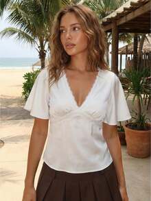 Women Lace Trim Tops  V Neck Split Short Sleeve Ruffle Shirts Casual Summer Streetwear - trắng - Xem 1
