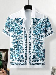 Blue Floral Patterns Symbolizing Elegance Growth And Natural Harmony Design A Refreshing Vibe For Summer Style 3D Print Mens Casual Short Sleeve Shirt - 白色 - 查看 1