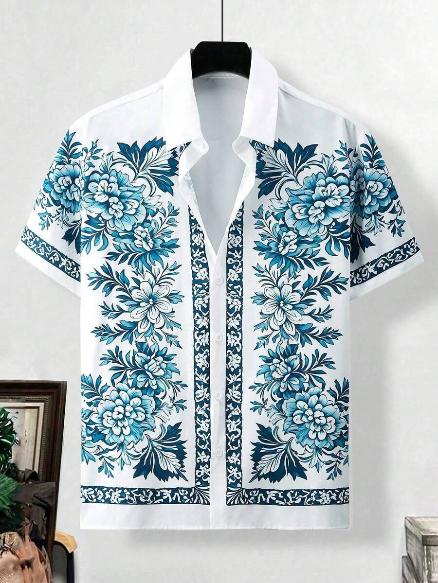 Blue Floral Patterns Symbolizing Elegance Growth And Natural Harmony Design A Refreshing Vibe For Summer Style 3D Print Mens Casual Short Sleeve Shirt - 白色 - 查看 1