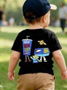 Disney-Licensed Casual And Simple Crew Neck Short-Sleeve T-Shirt Features A Toy Story Pizza Planet Character Pattern, Designed Specifically For Infants And Toddlers, Suitable For Both Boys And Girls, Making It An Ideal Choice For Summer Wear. - 黑色 - 查看 3
