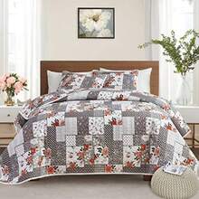 Patchwork Quilt Set Full/Queen Size 3 Pieces Grey Floral Plaid Summer Bedspread Coverlet Set Soft Microfiber Reversible Lightweight Bed Cover for All Season 90" x 90" 1 Quilt+ 2 Pillow Shams - Gris - Ver 1