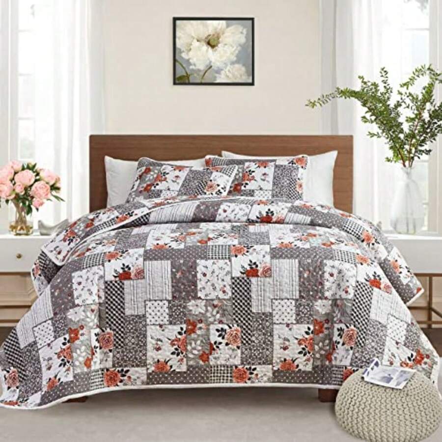 Patchwork Quilt Set Full/Queen Size 3 Pieces Grey Floral Plaid Summer Bedspread Coverlet Set Soft Microfiber Reversible Lightweight Bed Cover for All Season 90" x 90" 1 Quilt+ 2 Pillow Shams - Gris - Ver 1