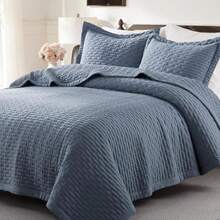 Dusty Blue Queen Size Quilt Set Geometric Box Lightweight Bedspread Soft Farmhouse Rustic Coverlet Spring Summer Thin Comforter Country Bedding 90x90 inches - Neblina azul - Ver 4