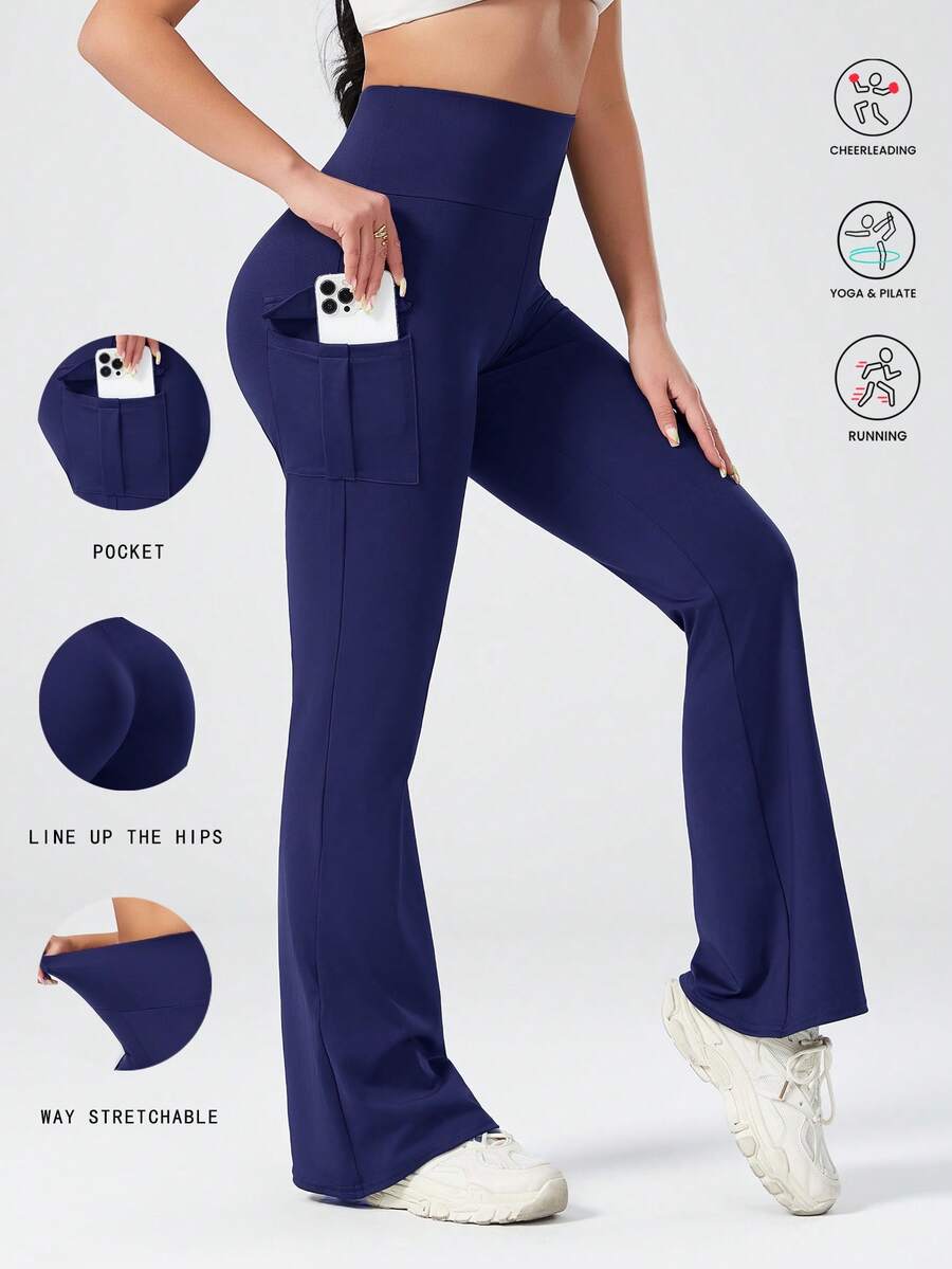 High Waist Slim Fit Flared Yoga Pants With Pockets, Casual Sports Trousers For Women Spring - Navy Blue - View 1