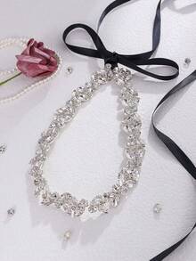 1pc Silver Rhinestone & Black Ribbon Applique Bridal Sash - Silver - View 1