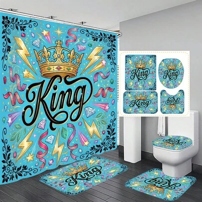 1pc/4pcs King Crown Pattern Multifunctional Bathroom Decor Shower Curtain Set, Free 12 Hooks Included, Elegant Holiday Atmosphere, Bathroom Mat, U-Shaped Toilet Mat And Round Toilet Mat, Suitable For All Scenarios Bathroom Set