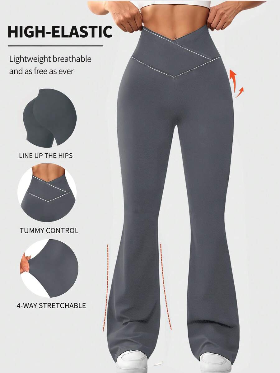 Cross Elastic Flare Pants, Minimalist High Waist Commuting & Yoga Pants, Sexy Casual Sports Leggings, Single-Piece Butt-Lifting Design Flared Pants, Women's Sportswear, Knit Fabric, Stretchy & Comfortable, Suitable For Daily Wear AndWorkoutspring And Summer - Xám - Xem 1