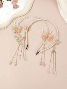 1件蝴蝶珍珠流苏发箍，温柔甜美风格发饰，日常/派对/约会优雅发型装饰 - 彩色 - 查看 1