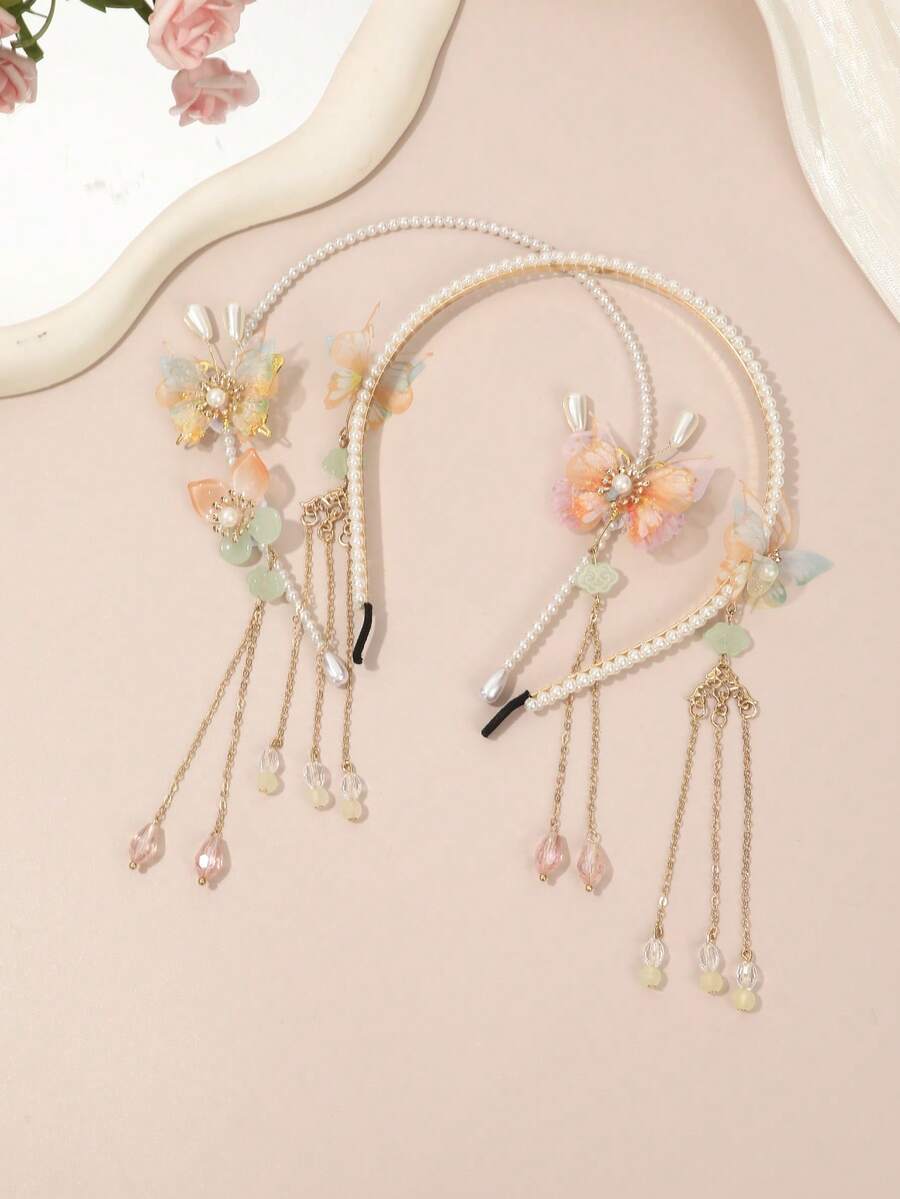 1件蝴蝶珍珠流苏发箍，温柔甜美风格发饰，日常/派对/约会优雅发型装饰 - 彩色 - 查看 1