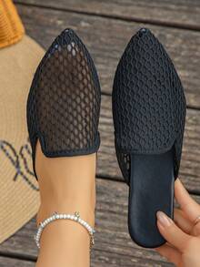 Giày bệt mũi nhọn đế bằng cỡ lớn 35-45 dành cho nữ, màu vàng đồng, kiểu dáng thấp, thích hợp cho hoạt động ngoài trời và hàng ngày, mẫu mới về mùa thu, chất liệu PU mềm mại, kiểu giày lười thời trang đa năng. - Lưới đen-kim cương đen - Xem 3