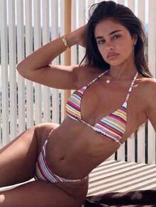 Traje de baño de 2 piezas sexy y colorido con rayas para mujer, conjunto de bikini con espalda descubierta y lazos, adecuado para la playa, vacaciones y cruceros en verano - Multicolor - Ver 5