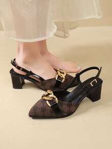 2026春季新款百搭单带镂空高跟凉鞋，韩版尖头后带粗跟复古时尚凉鞋 - 黑色 - 查看 5