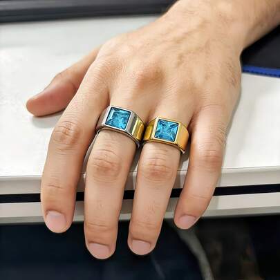 حلقة ديكور مربعة زرقاء من الفولاذ المقاوم للصدأ، مصنوعة من مادة الفولاذ المقاوم للصدأ 316، مطلية بالذهب عيار 18 قيراط، مقاومة للماء وللتلاشي، مناسبة للاستخدام اليومي والسفر والأعمال والموضة كإكسسوار للرجال