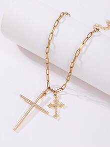 1件装时尚简约女士项链，配有大十字架吊坠和小十字架吊坠，不锈钢材质，百搭信仰项链，是送给信徒、家人和朋友的生日、周年纪念日和节日理想礼物。 - 彩色 - 查看 3