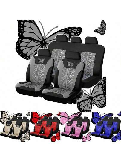 9pcs/4pcs Universal Butterfly Pattern Embroidered Car Seat Covers - Made Of Polyester Fabric, Suitable For All Seasons, Airbag Compatible, Hand Washable