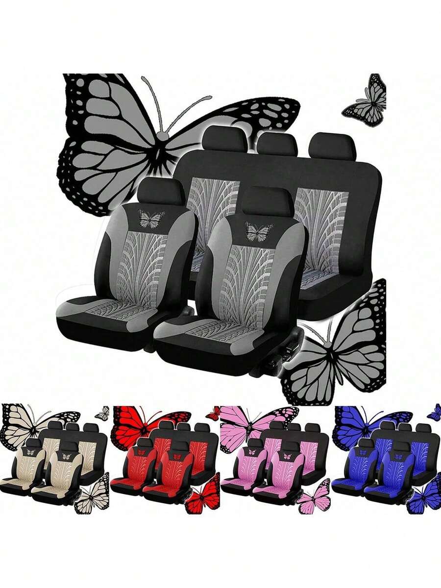 9件/4件装通用蝴蝶图案刺绣汽车座椅套 - 涤纶面料，四季皆宜，兼容安全气囊，可手洗 - ZYT5 - 查看 1