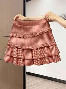 Chân váy kẻ caro cổ điển dành cho nữ, thiết kế mùa thu, viền xếp ly, dáng ôm, đa năng, màu đỏ. - Đỏ - Xem 4