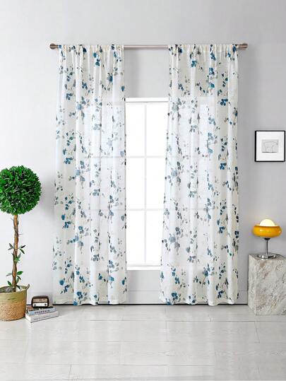 1pc Blue Floral White Sheer Curtain, Modern Minimalist Fresh Floral Voile Curtain, Nordic Natural Style Home Decor For Living Room Bedroom