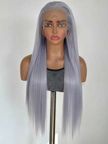 Tóc giả dài thẳng màu xám khói dành cho nữ, chất liệu tổng hợp, kiểu ren phía trước, đường chân tóc tự nhiên 13*4, tóc giả màu xám bạc phù hợp cho sử dụng hàng ngày, dự tiệc và cosplay. - Bụi tím - Xem 5