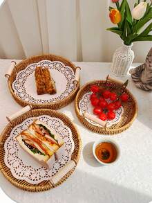 1 pieza Bandeja ovalada tejida a mano de ratán, plato portátil de estilo japonés para postres y frutas, cesta de almacenamiento, adecuada para almacenamiento, decoración, decoración rústica del hogar, maceta, portavelas, accesorios navideños, suministros para fiestas de cumpleaños, regalo de cumpleaños - Marrón moca-con asa - Ver 2