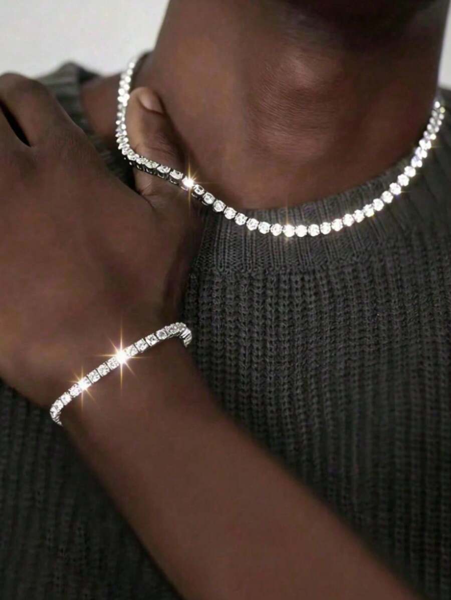 Bộ 2 món dây chuyền và vòng tay nam hình vuông, đính kim cương, phong cách hip hop, vòng cổ punk sáng tạo, thích hợp làm quà tặng cho bạn trai, đeo hàng ngày, ngày Valentine, lễ hội. - Nhiều màu - Xem 1