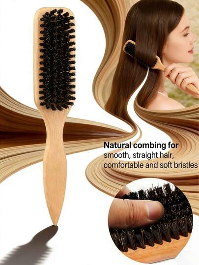 1支男女通用猪鬃毛发刷 - 抚平毛躁，驯服碎发 - 柔软刷毛，打造光滑马尾辫、发髻和精致发际线 - 适合细软/中等发质的男女