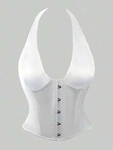 Satin Bustier Crop Top, Front Hook & Rear Tie-Up Backless Design, With Underwire For Waist Shaping, Suitable For Women To Wear At Music Festivals Summer - White - View 9