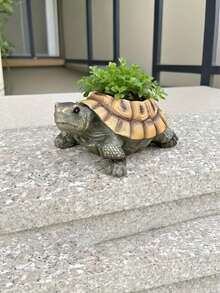 1pc Realistic Turtle Shaped Planter; Brown And Gray Textured Resin Turtle Shaped Planter, Realistic Turtle Shell Detail Simulated Succulent Plant Pot Sculpture, Country Style Animal Plant Display Rack, Suitable For Yard, Lawn, Patio, Spring And Summer Outdoor Backyard Landscape Decoration And Gift - One Size - View 3