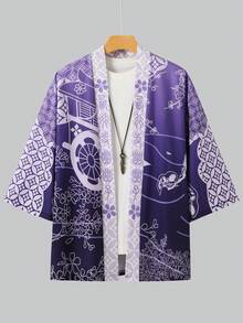 Elegant Purple Geometric Pattern 7/8 Sleeve Robe, Traditional Design Loose Fit Sunscreen Jacket, Unisex Casual Kimono Cardigan - Purple - View 3