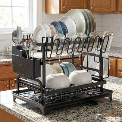 HanTai Escurridor de platos de 2 niveles con drenaje automático y tapete, escurridores de platos para encimera de cocina, escurridor de platos con soporte para cuchillos, tenedores y tazas, regalos para mujeres, Día de la Madre, artículos geniales y utensilios de cocina
