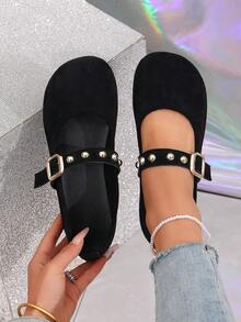 2026 Primavera Nueva Moda Zapatos de Mujer Estilo Mary Jane de Ante, Hebilla Cuadrada con Remaches Dorados, Suela Blanda Puntera Redonda, Diseño Retro de Puntera Redonda Francesa Poco Profunda - Negro - Ver 9