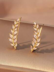 一对高端时尚超闪亮锆石镶嵌叶子设计耳环，创意珠宝耳环，适合女性佩戴 - 樹枝耳排 - 查看 8