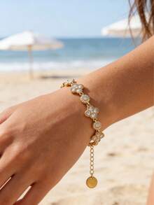 18K Gold/Silver Plated Full Diamond Four-Leaf Clover Bracelet, Bohemian Style Golden Summer Beach Vacation Stainless Steel Delicate Adjustable Chain Bracelet For Women - Gold - View 9