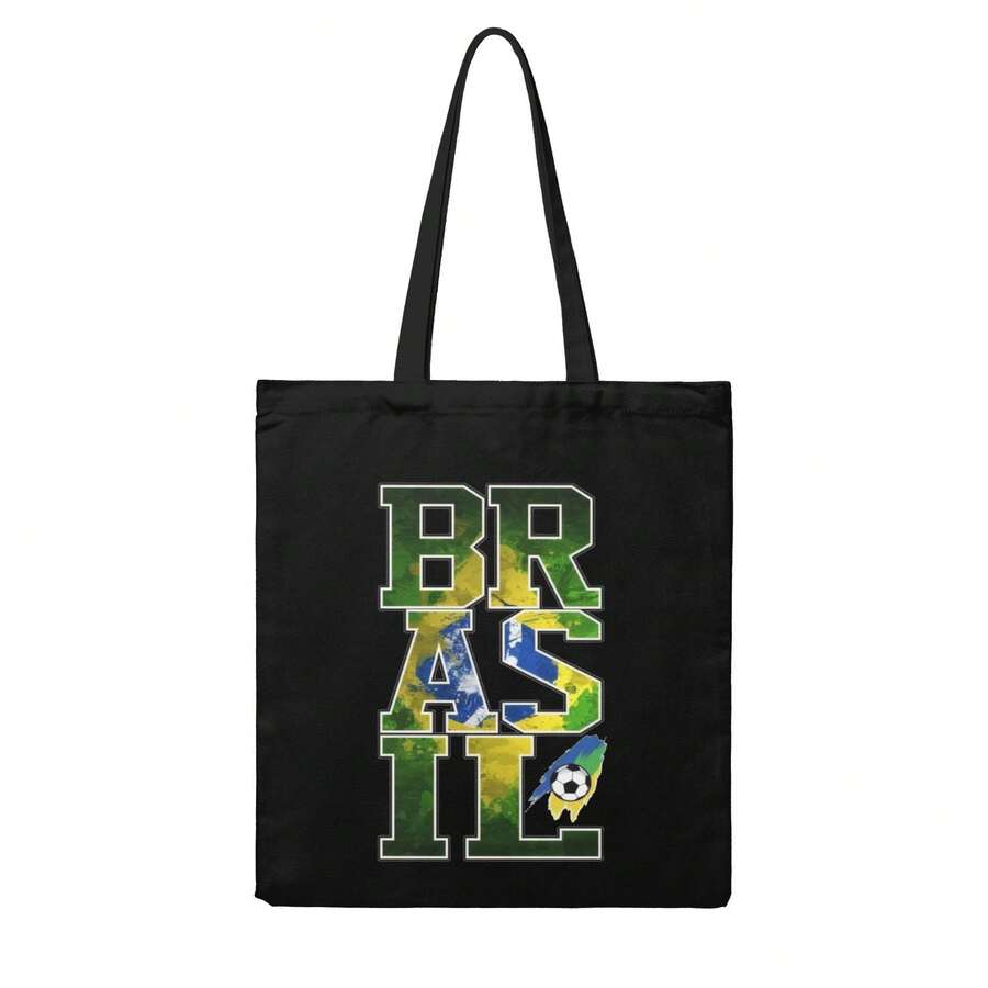 Brazil National Team BRASIL Letter Canvas Tote Bag, 2026  World Cup Reusable Shopping Bag For Seleção Fans, Vintage Casual Shoulder Bag - màu đen - Xem 1