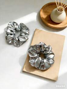 2pcs Small Silver Shiny Coil Y2K Baddie Minimalist Chic Hair Scrunchies, Suitable For Daily Wear - Silver 2pcs - View 2