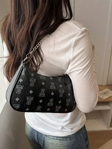 鳄鱼纹韩版女士手提包，新款时尚单肩包，简约新月形托特包，适合OL - 黑色 - 查看 6