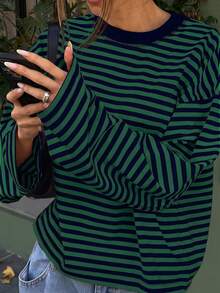 SDNGED 女士休闲上衣，条纹撞色罗纹面料，适合春秋季日常穿着 - 墨綠色 - 查看 3