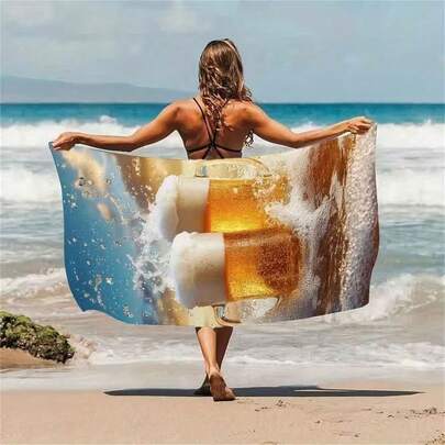 1条啤酒主题超大沙滩巾 - 180.34 x 90.17 厘米，超强吸水柔软超细纤维材质，经久耐用，印有啤酒杯图案，适合夏季海滩、春季野餐、团体活动和毕业礼物，野餐配件 | 波西米亚风格