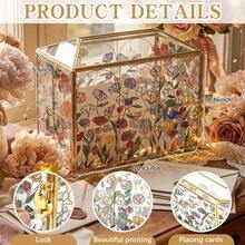 Hand Painted Floral Stained Glass Wedding Glass Card Box With Slot Wedding Envelope Holder Reception, Gold Card Box With Lock Decorative Shower Birthday Party Bridal Shower - 花卉圖案 + 10.43 x 5.9 x 8.46 英寸 - 查看 2