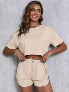 2pcs Women Summer Casual Solid Color Short Sleeve Crew Neck Crop Top & High Slit Shorts Pajama Set, Spring/Summer Lounge Set - Rượu sâm banh - Xem 6