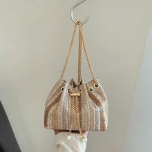 Woven Texture Fashion New One Shoulder Diagonal Handbag, Tote Bag For Work Commute, Drawstring Bucket Bag With Simple Stylish Metal Chain Shoulder Strap - Multicolor - View 7