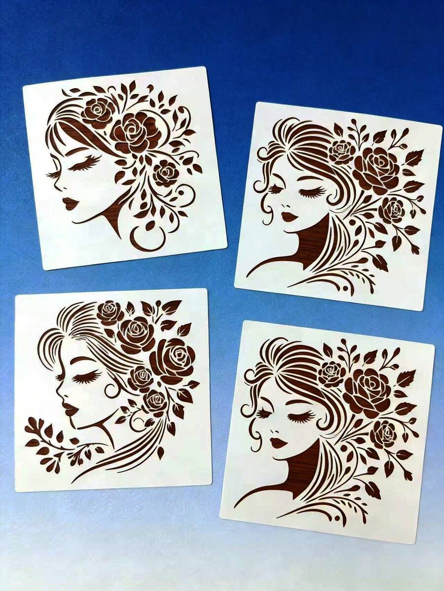 4pcs Flower Girl Hollow Painting Template DIY For Fabric, Glass, Paper, Wood Creative Spray Painting Printing Tool, Reusable Plastic Material