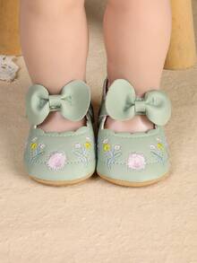 1 Pair Newborn Infant Girl Flower Bow Decor Fashion Versatile Princess Shoes, Suitable For Spring & Autumn - Green - View 6
