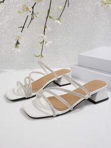 Giày sandal đế dày đính đá kiểu Pháp, thiết kế mùa hè mới với quai mảnh, giúp thon gọn, thời trang, đa năng, thanh lịch. - trắng - Xem 5