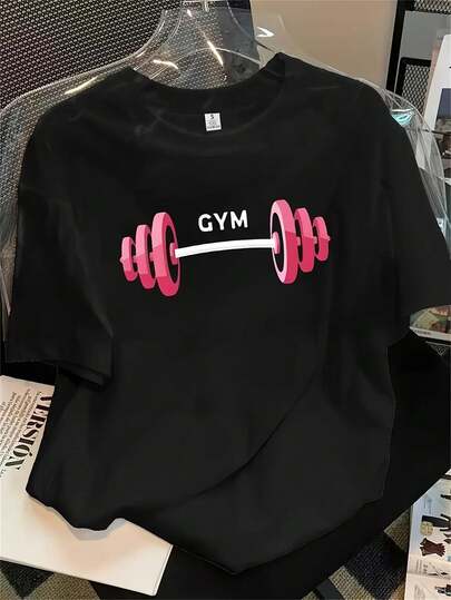 Women's Fitness Theme Pattern T-Shirt - Soft And Breathable Fabric, Pink Dumbbell Print And Fitness Lettering, Short-Sleeved Round-Neck Fitness Top, Suitable For Gym And Casual Wear, All-Season Casual Fitness Clothing, Women's Fitness Apparel (Black With Pink Design), Health Wear, Lifestyle Clothing, Medium Elasticity, Printed Shirt, Women's Clothing,  Fitness Wear, Lifestyle Wardrobe, Lightweight Construction, Women's Fitness Pants